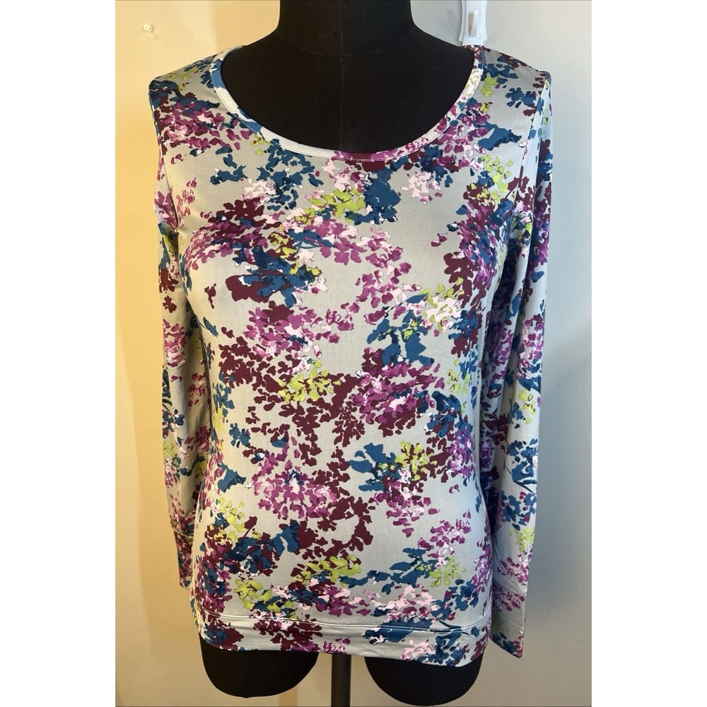 Lands End Women Top XSmall Long Sleeve Gray Floral Stretch Scoop Neck